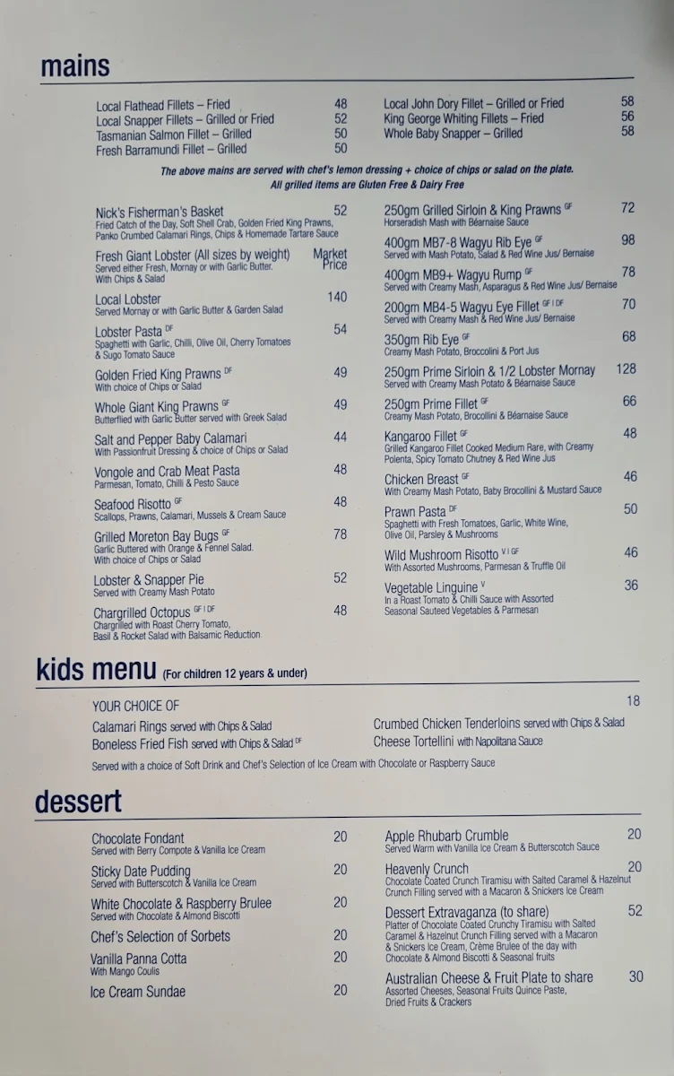 Menu, Nick's Seafood Restaurant