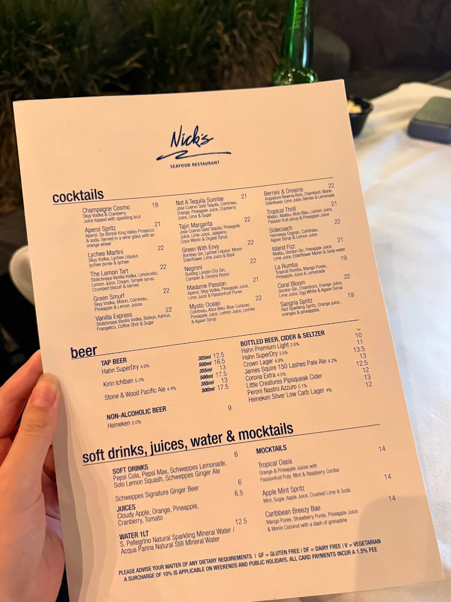 Menu, Nick's Seafood Restaurant