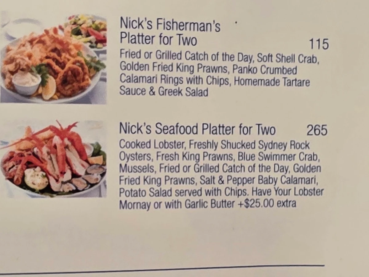 Menu, Nick's Seafood Restaurant