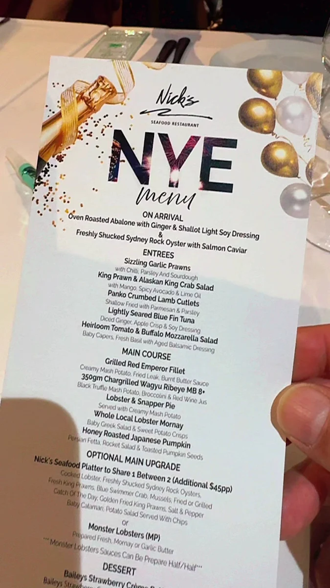 Menu, Nick's Seafood Restaurant