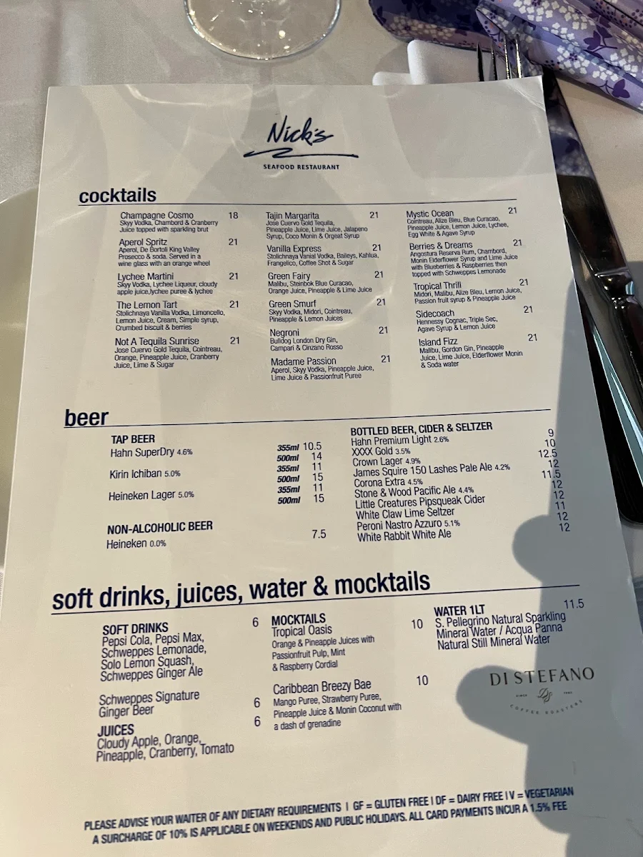 Menu, Nick's Seafood Restaurant
