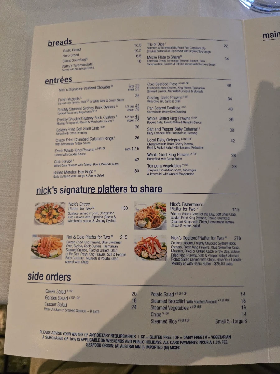 Menu, Nick's Seafood Restaurant