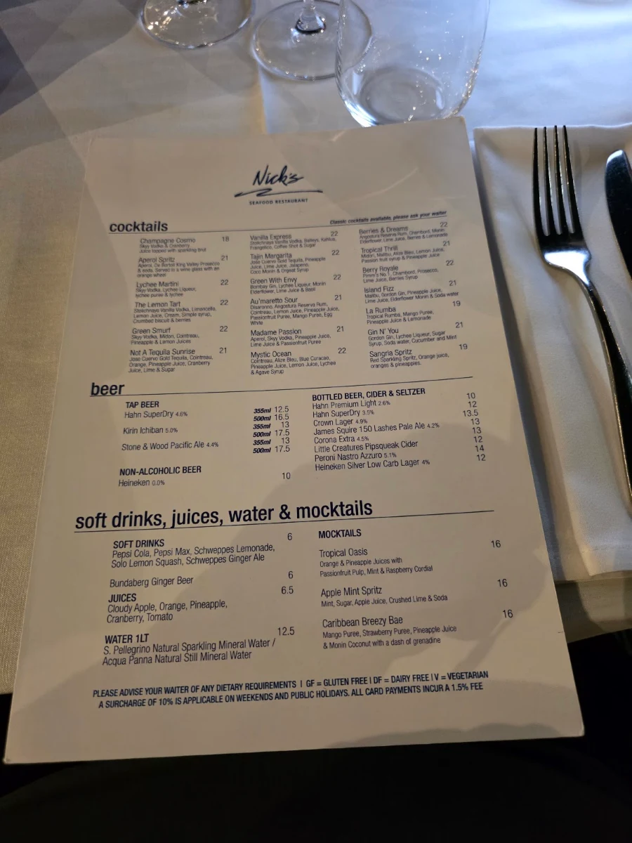 Menu, Nick's Seafood Restaurant