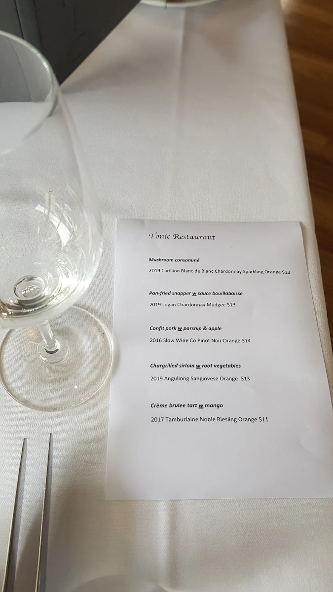 Menu, Tonic Restaurant