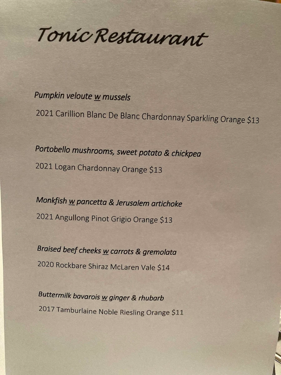 Menu, Tonic Restaurant