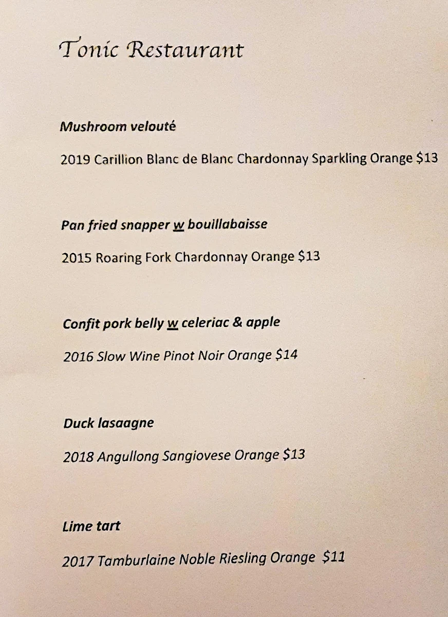 Menu, Tonic Restaurant
