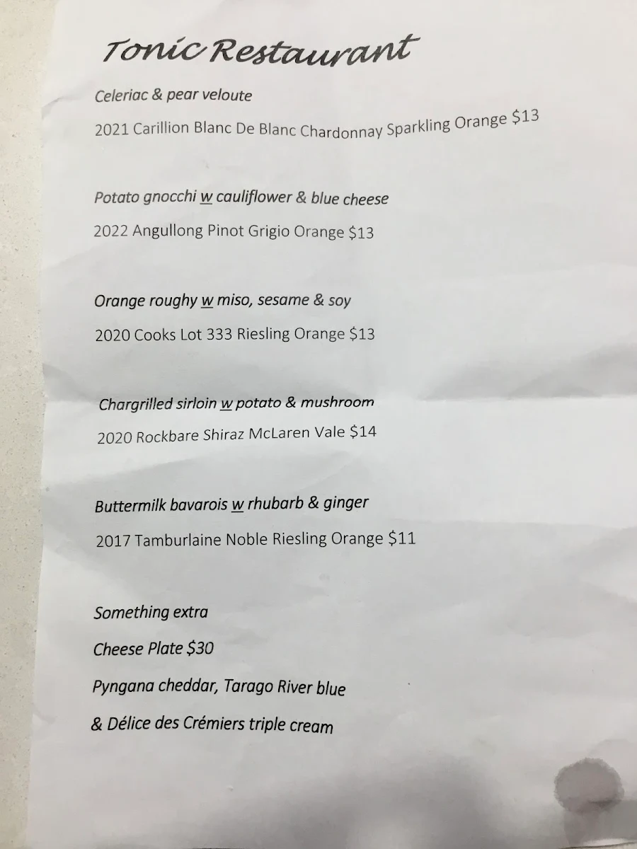 Menu, Tonic Restaurant