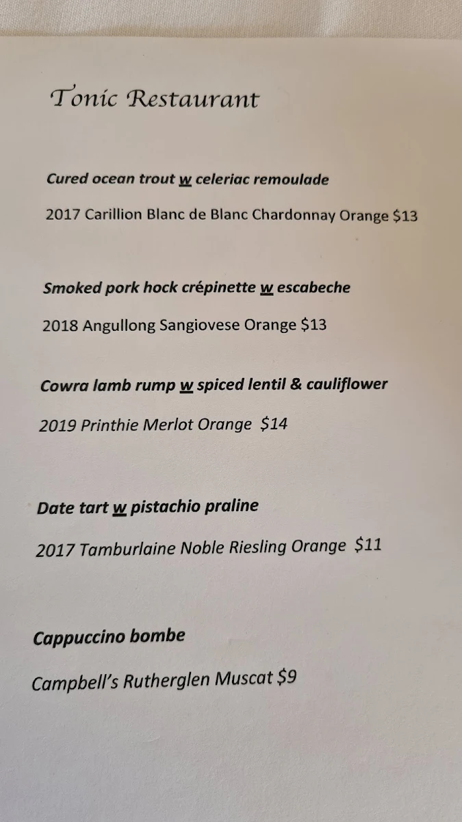 Menu, Tonic Restaurant