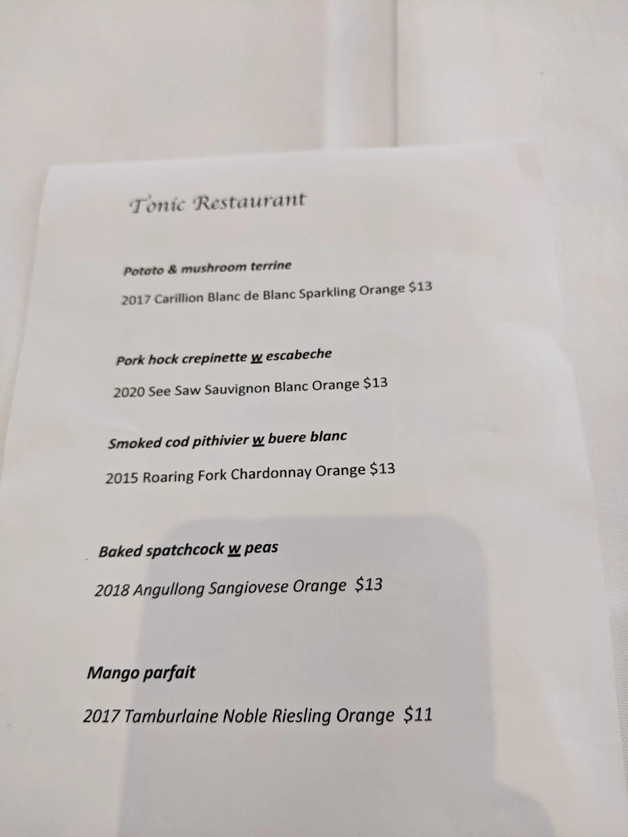 Menu, Tonic Restaurant