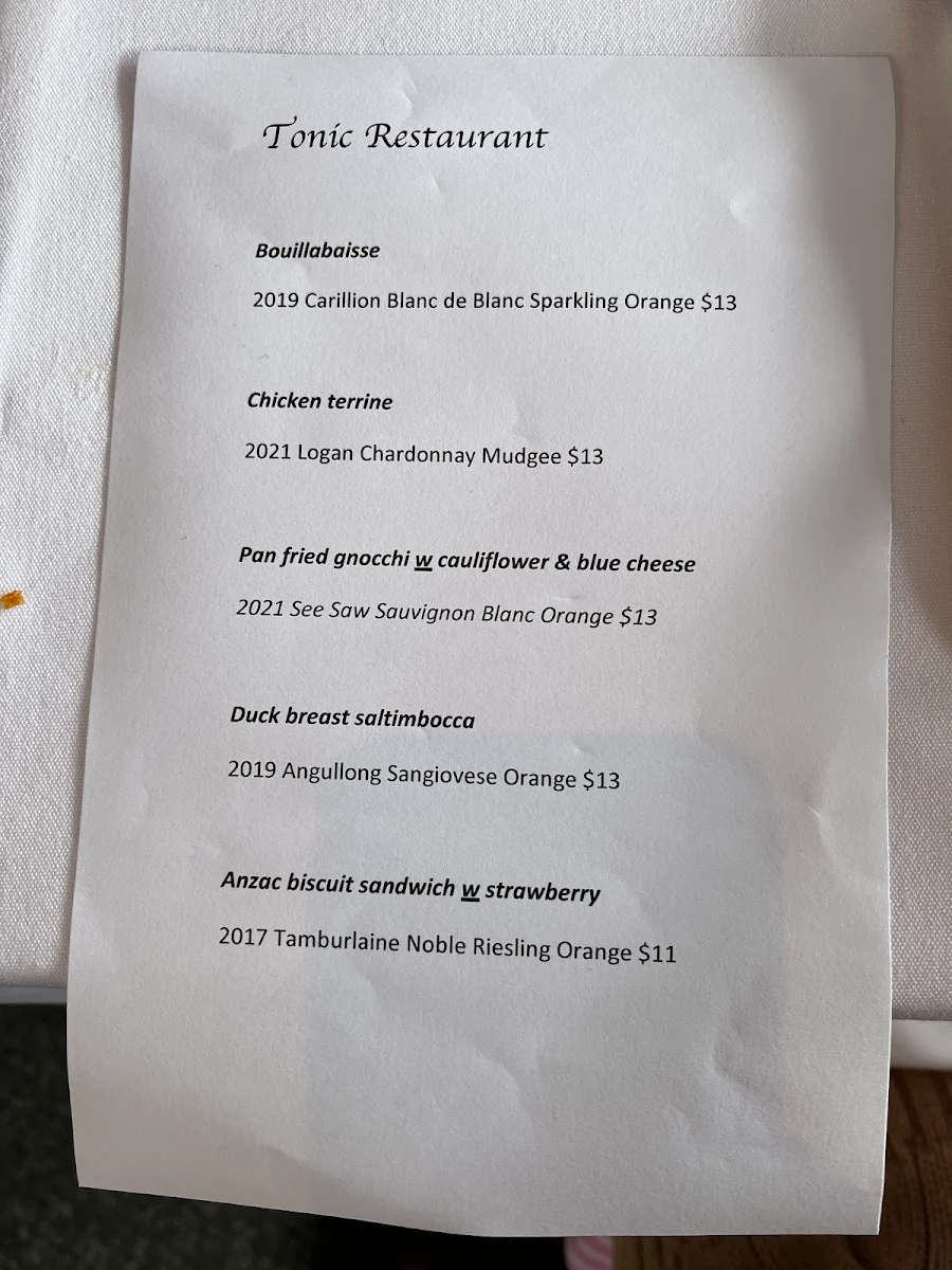 Menu, Tonic Restaurant