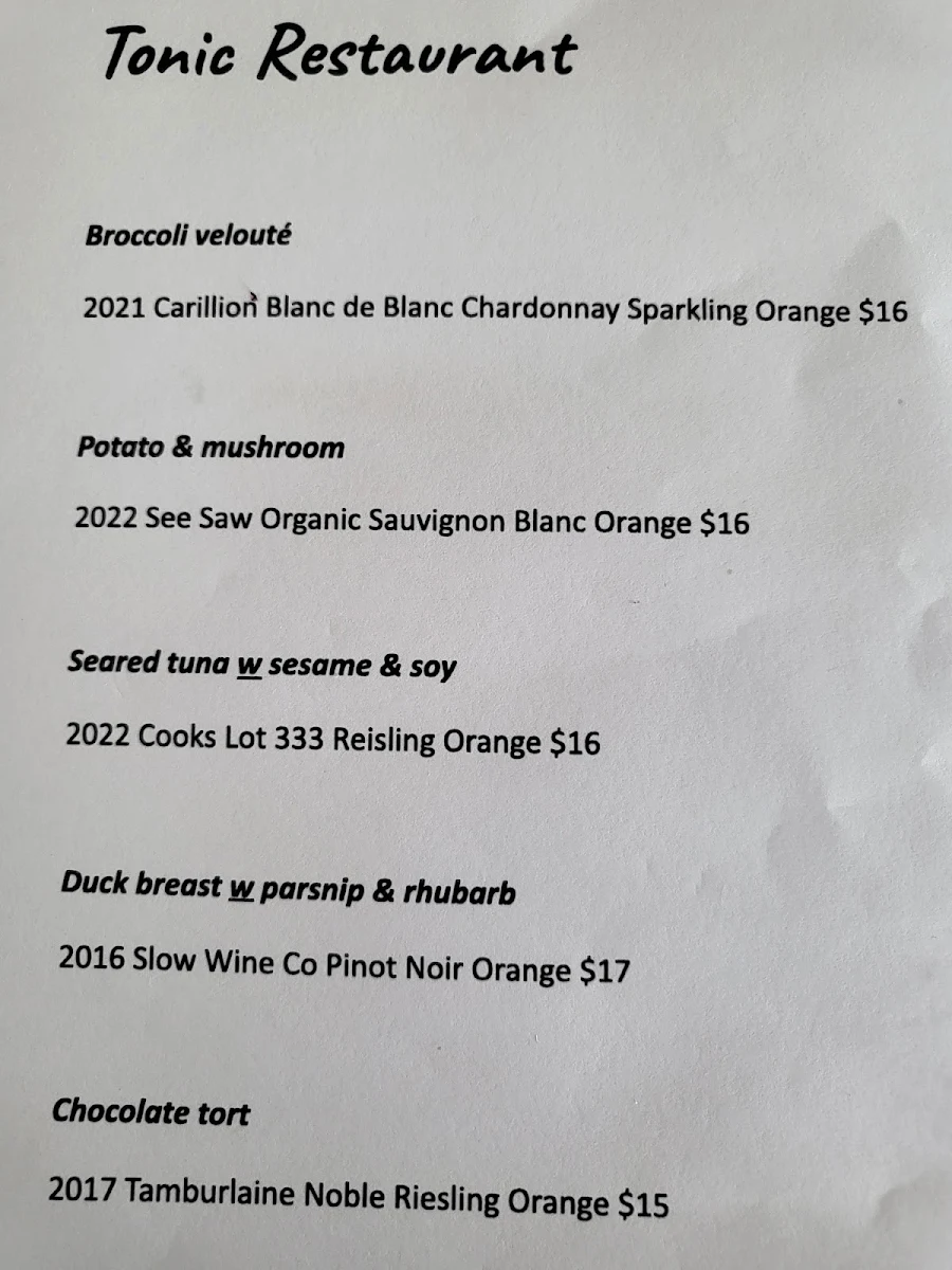 Menu, Tonic Restaurant