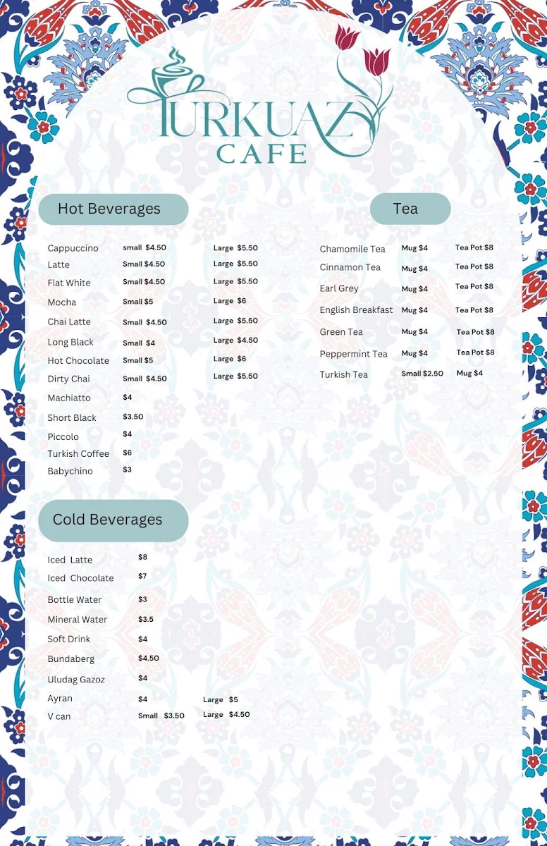 Menu, Turkuaz cafe Auburn