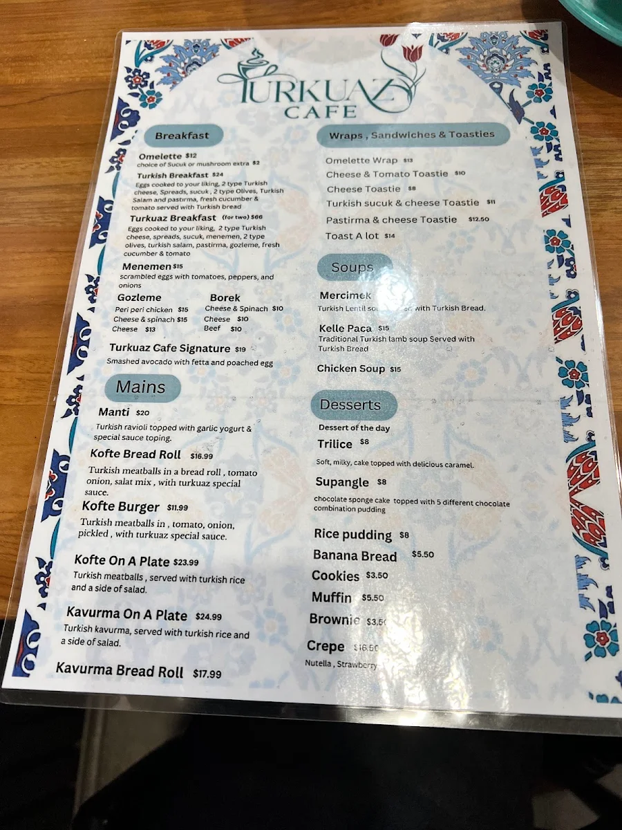 Menu, Turkuaz cafe Auburn