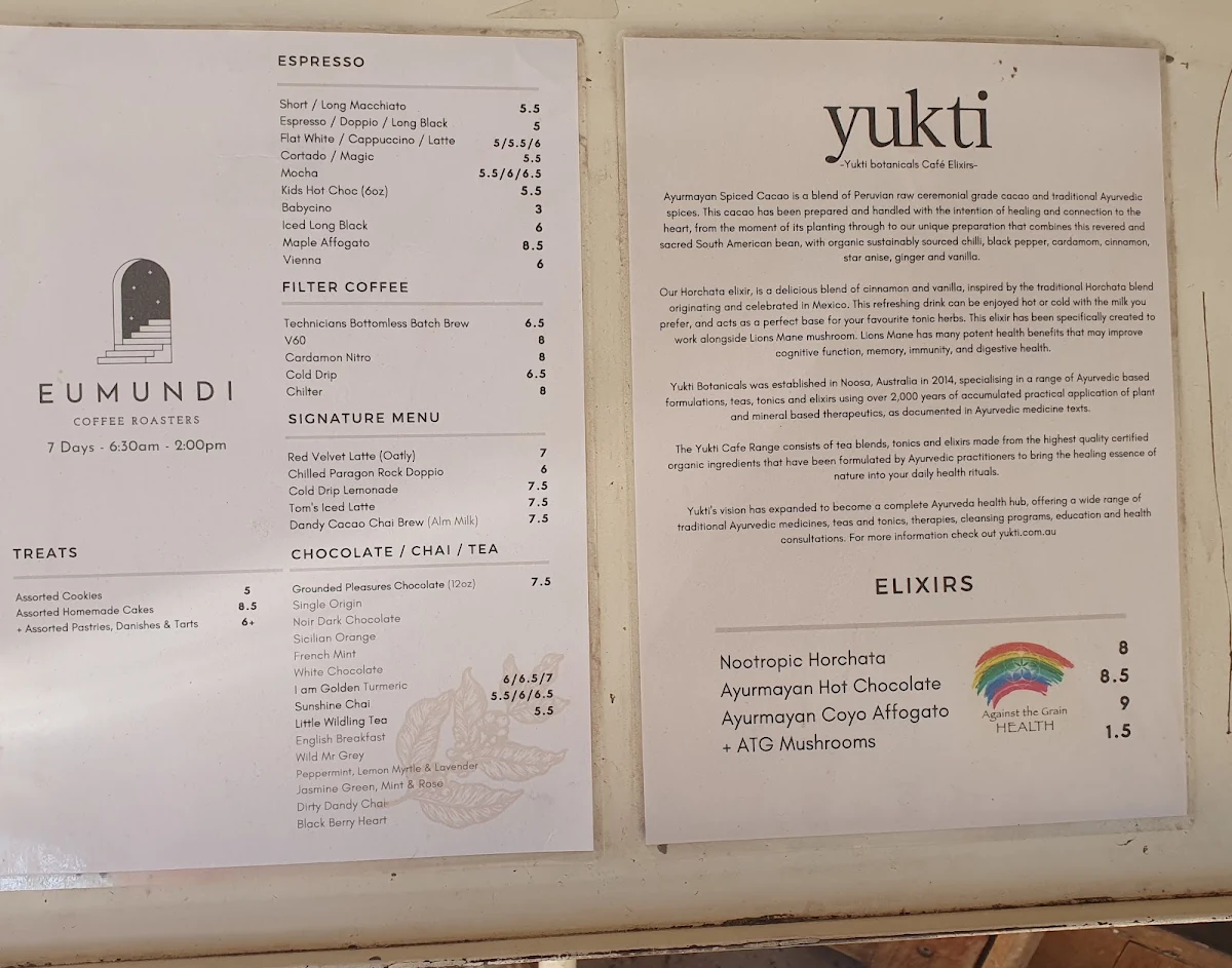 Menu, Eumundi Coffee Roasters