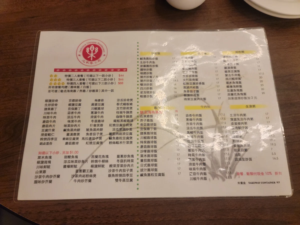 Menu, Delicious Chinese Restaurant