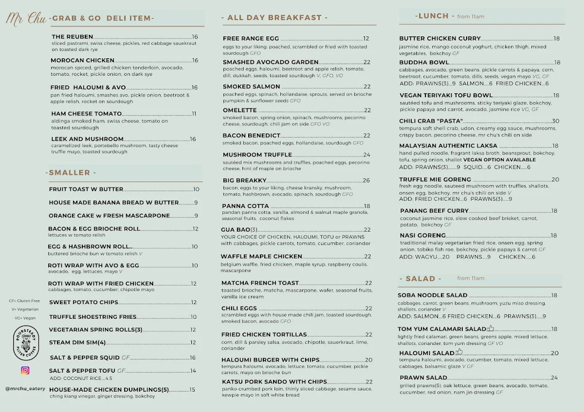 Menu, Mr Chu Cafe In Burnside