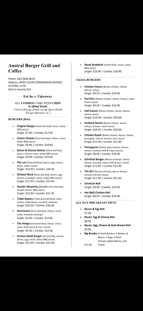 Menu, Austral Burger Grill and Coffee