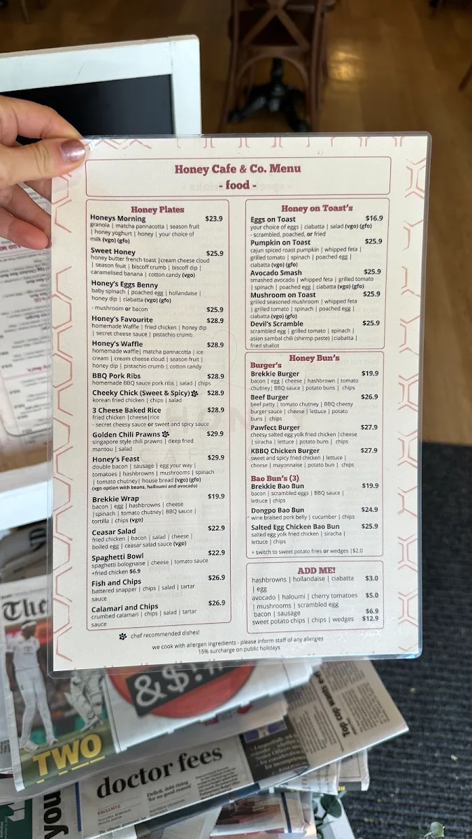 Menu, Honey Cafe & Co.