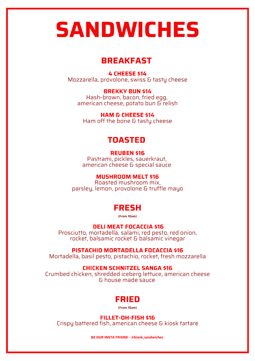 Menu, Kiosk Wangaratta