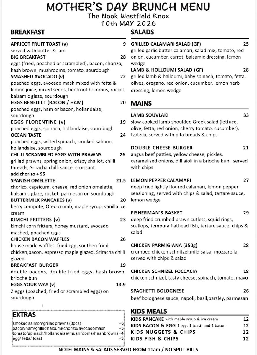 Menu, The Nook Café - Westfield Knox