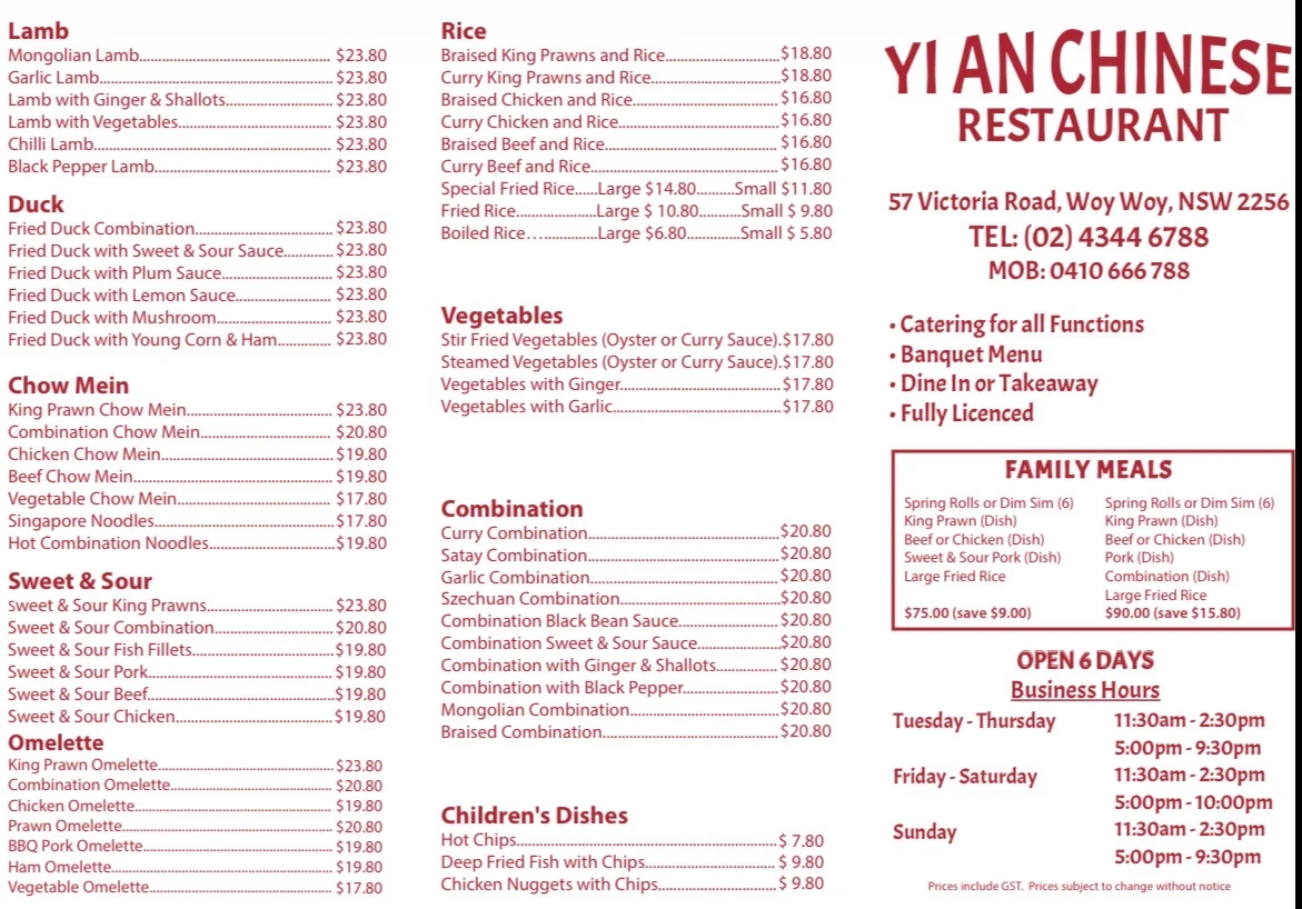 Menu, Yi An Chinese Restaurant
