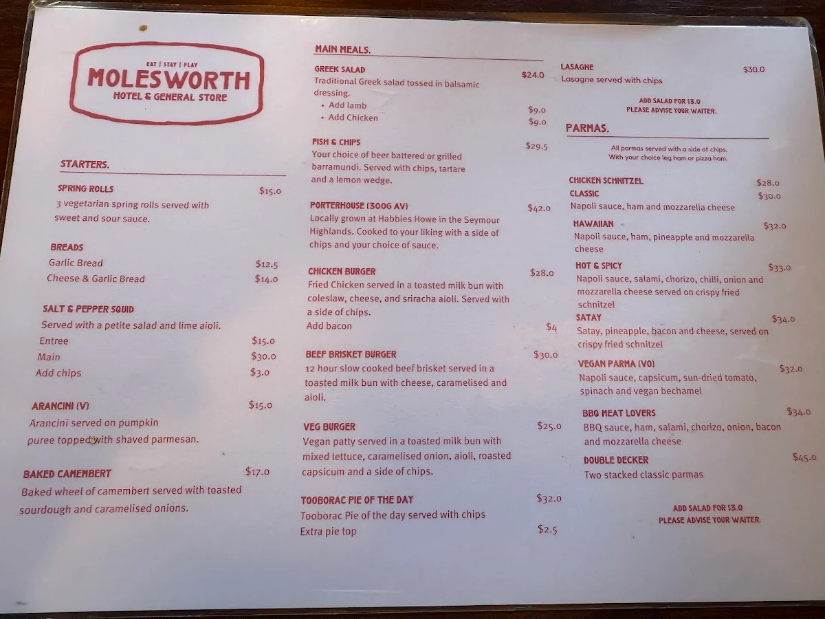 Menu, Goulburn River Inn
