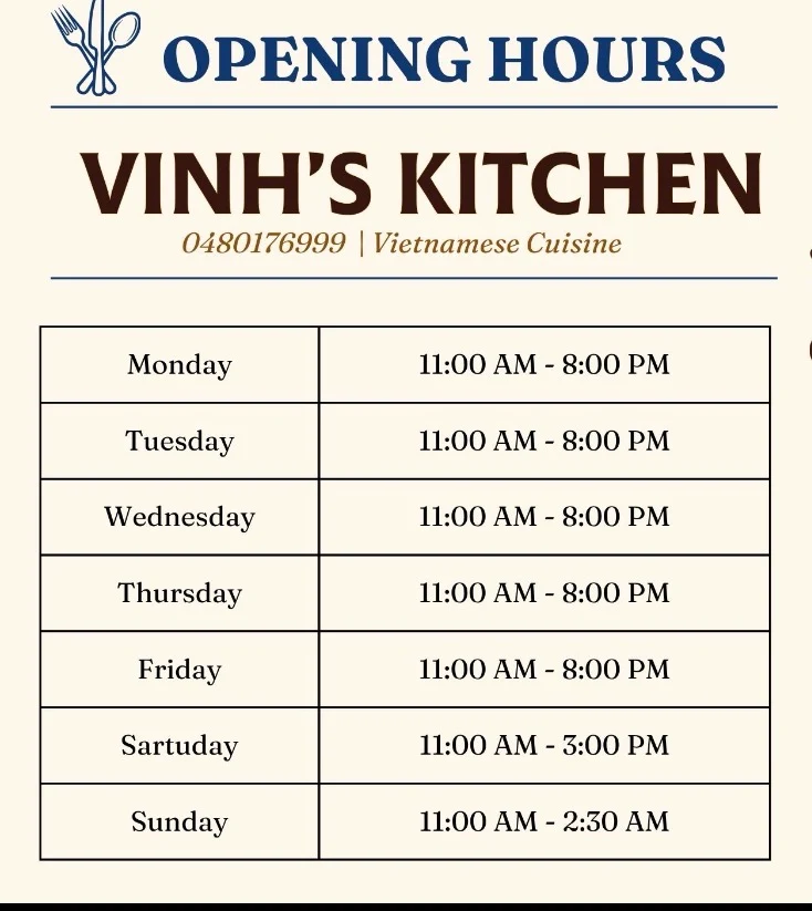 Menu, Vinh's Kitchen
