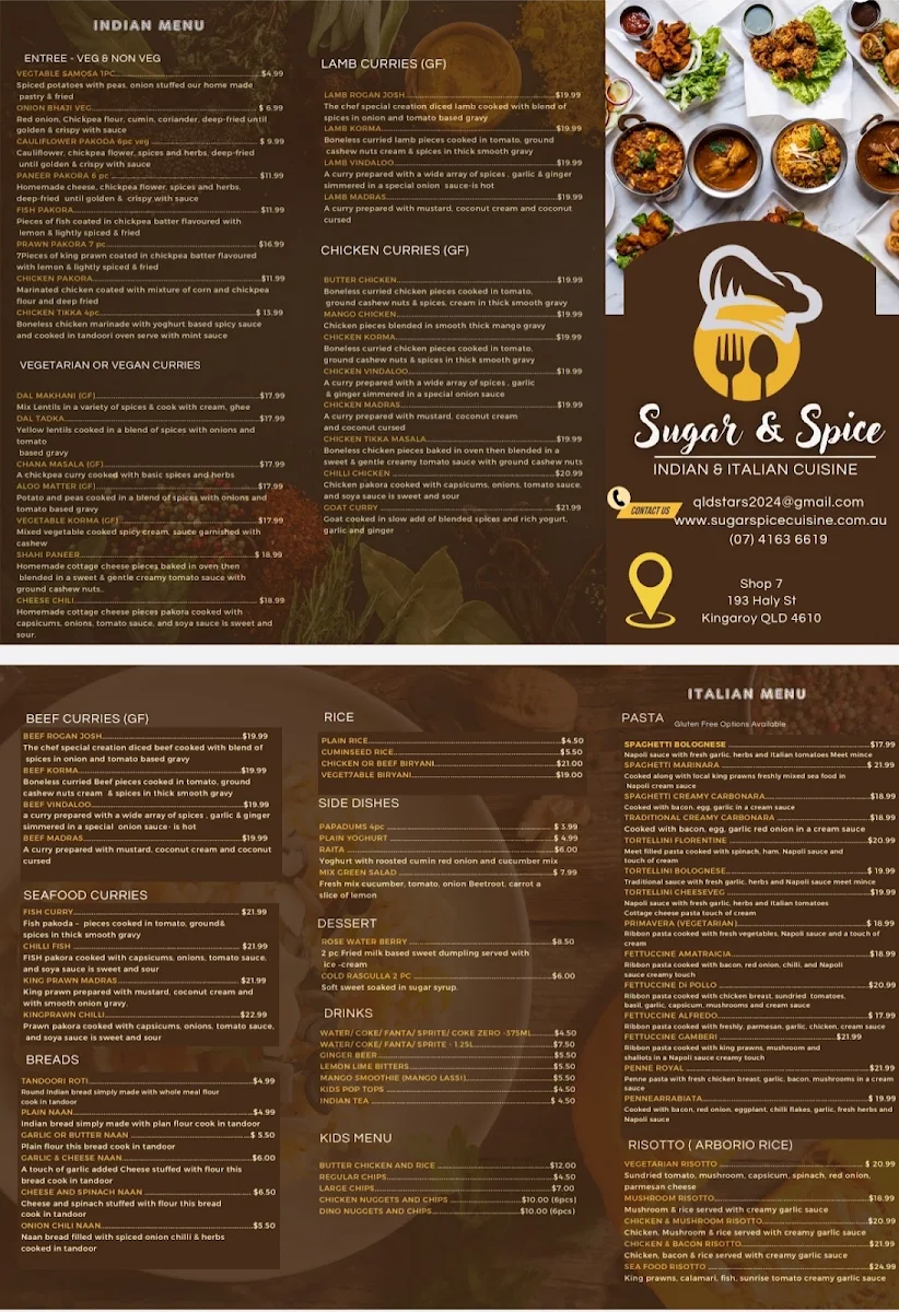 Menu, SUGAR & SPICE CUISINE