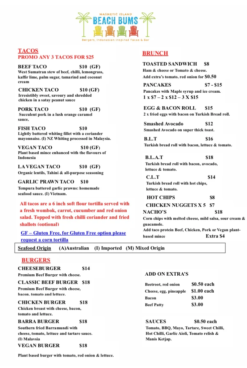 Menu, Magnetic Island Beach Bums