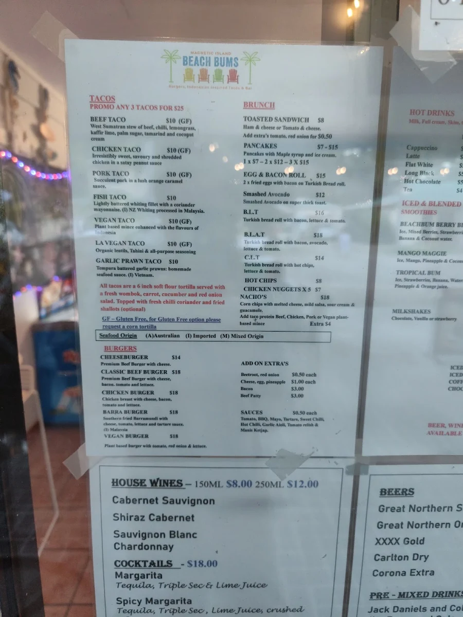 Menu, Magnetic Island Beach Bums