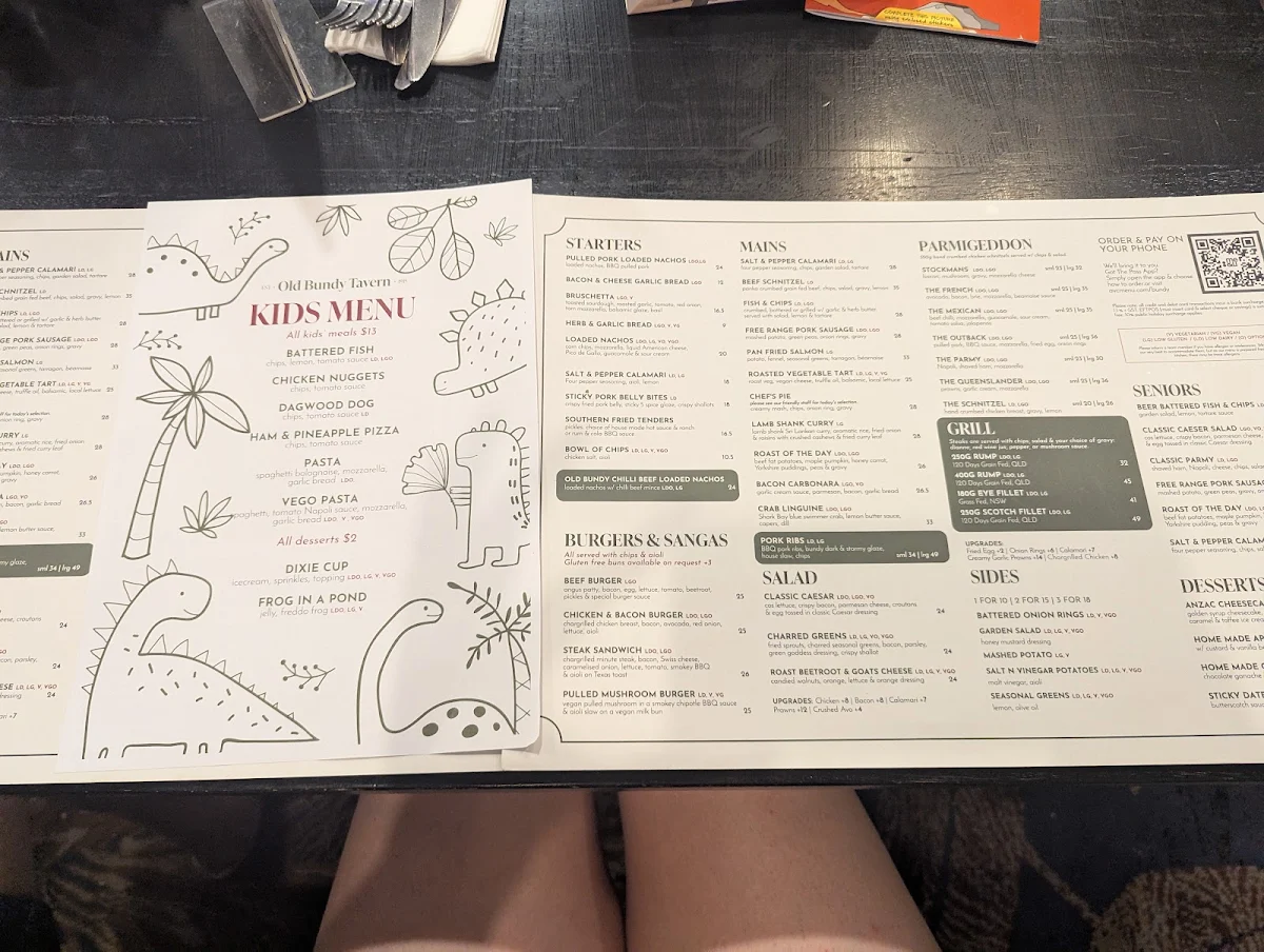 Menu, The Old Bundy Tavern
