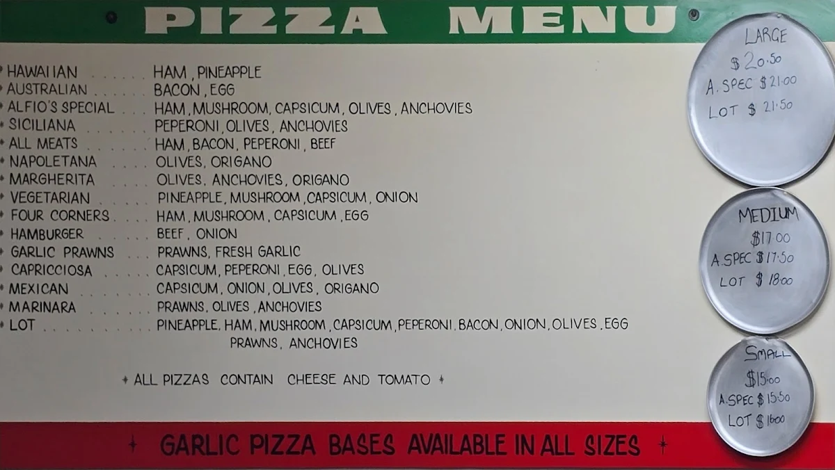 Menu, Alfio's Pizzeria