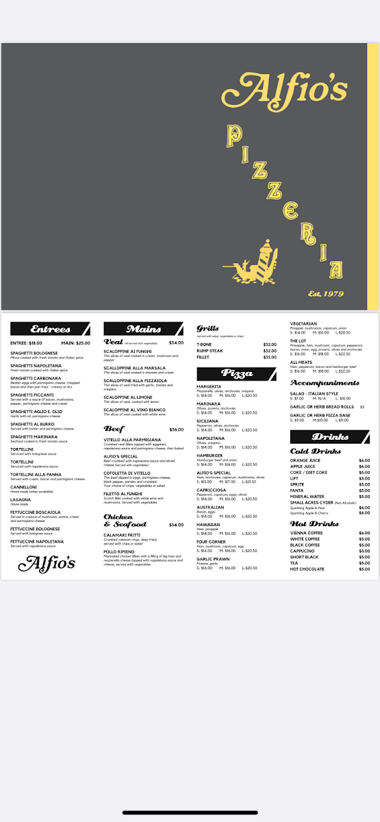 Menu, Alfio's Pizzeria