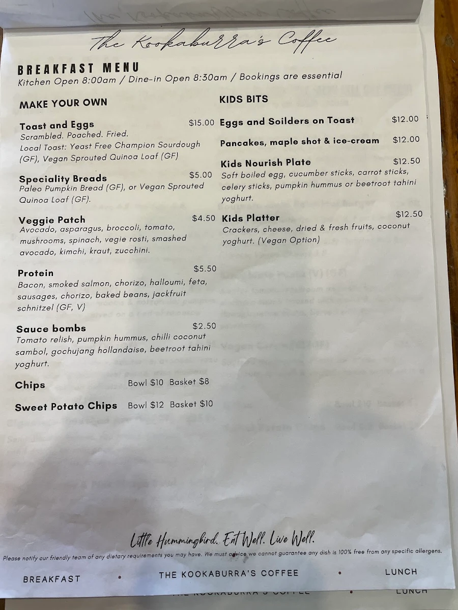 Menu, The Hummingbird Waterside Cafe