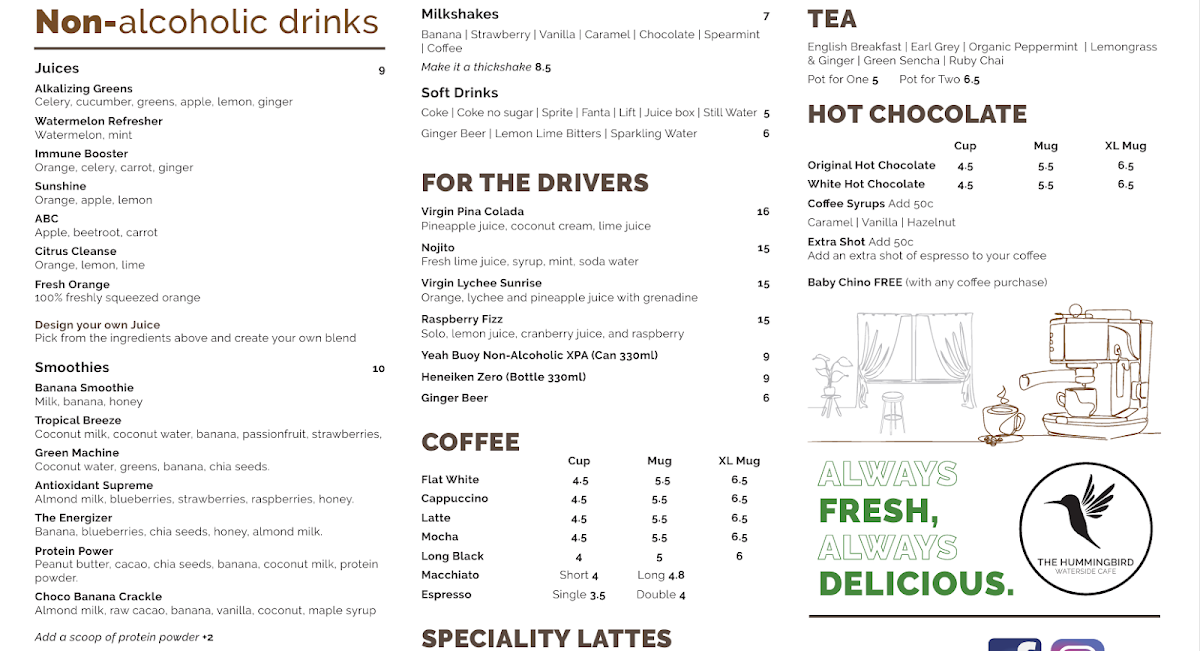 Menu, The Hummingbird Waterside Cafe