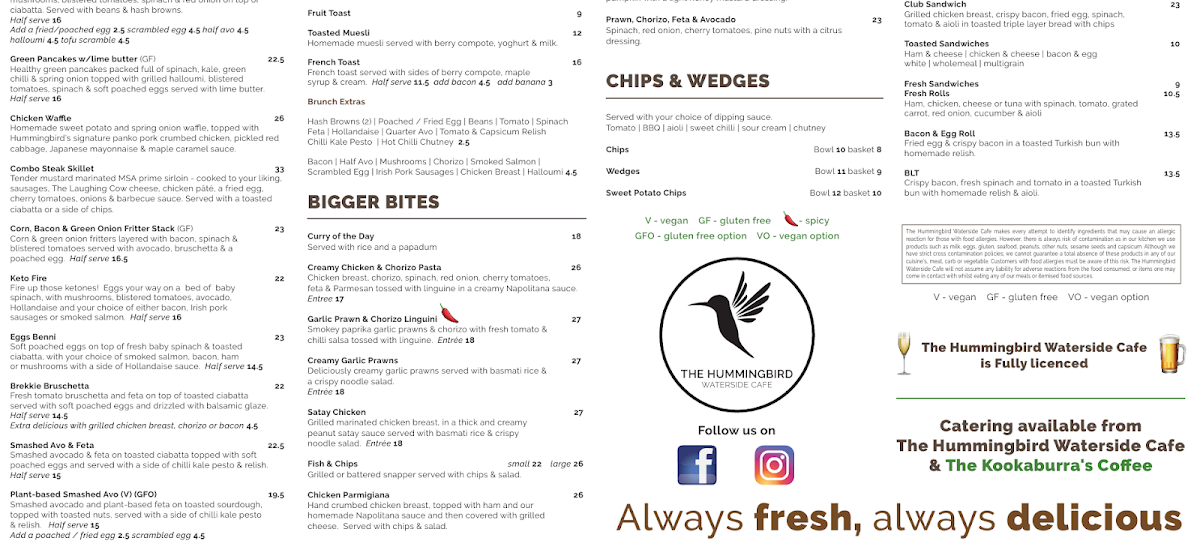 Menu, The Hummingbird Waterside Cafe