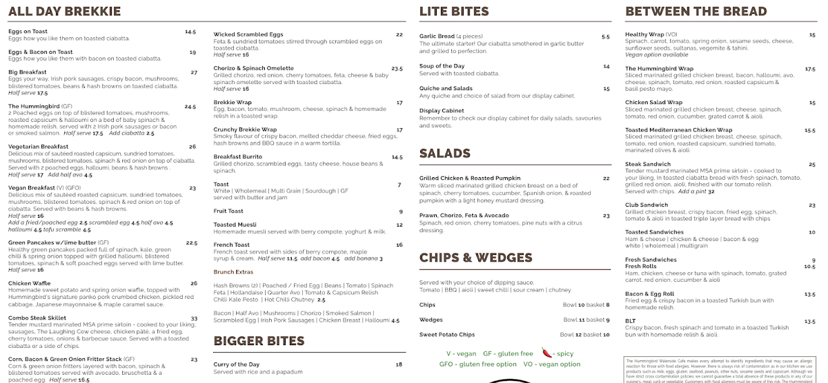 Menu, The Hummingbird Waterside Cafe