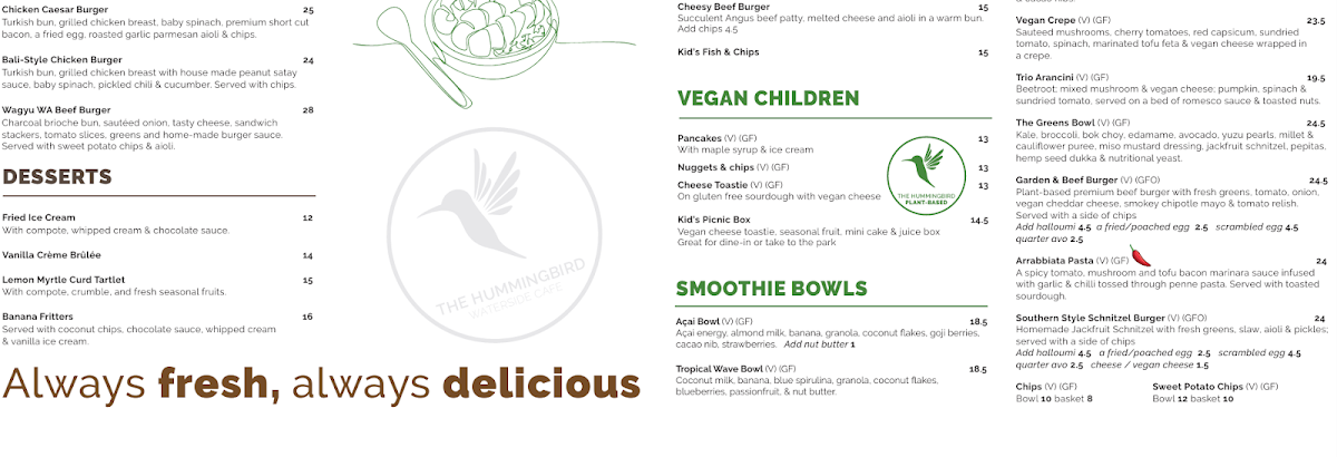 Menu, The Hummingbird Waterside Cafe