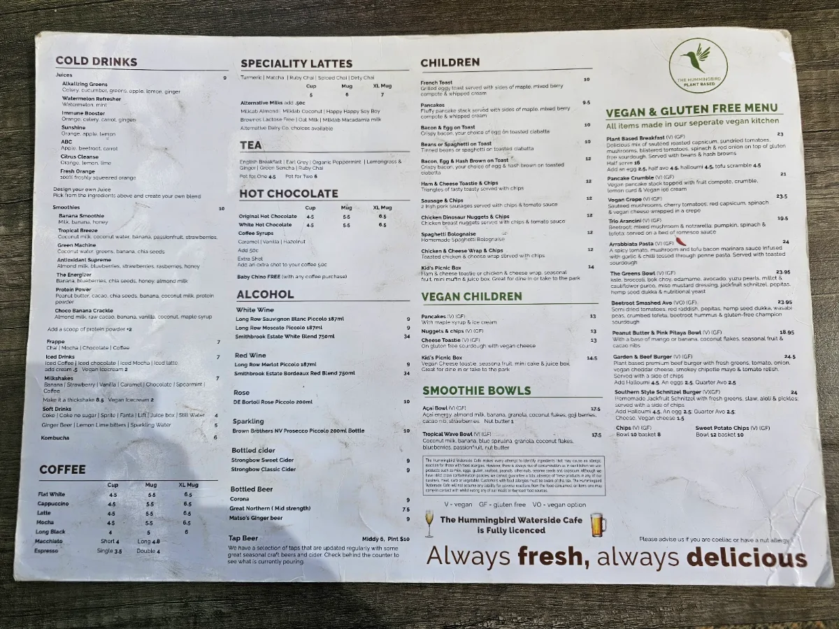 Menu, The Hummingbird Waterside Cafe