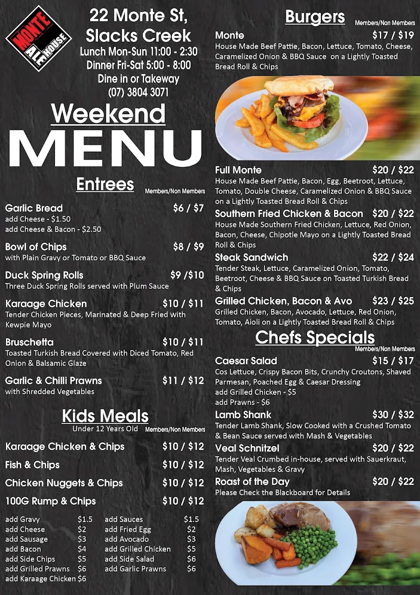 Menu, Monte Ale House and Drive Thru