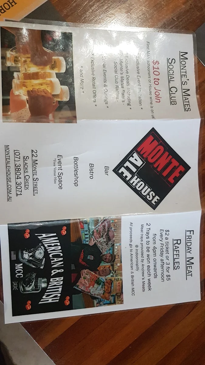 Menu, Monte Ale House and Drive Thru