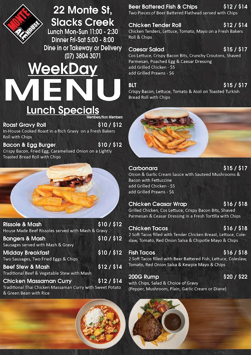 Menu, Monte Ale House and Drive Thru