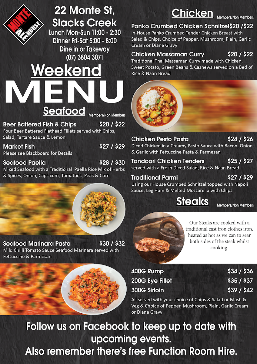 Menu, Monte Ale House and Drive Thru