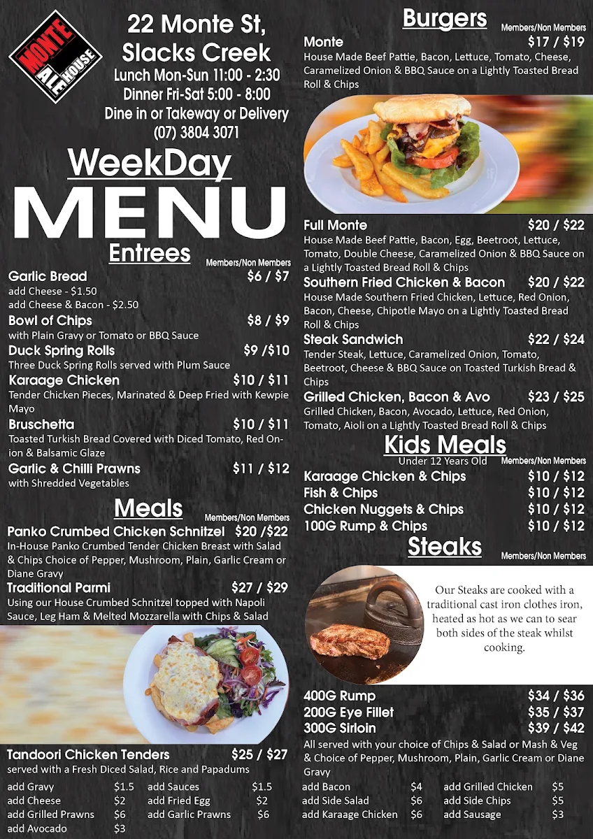 Menu, Monte Ale House and Drive Thru