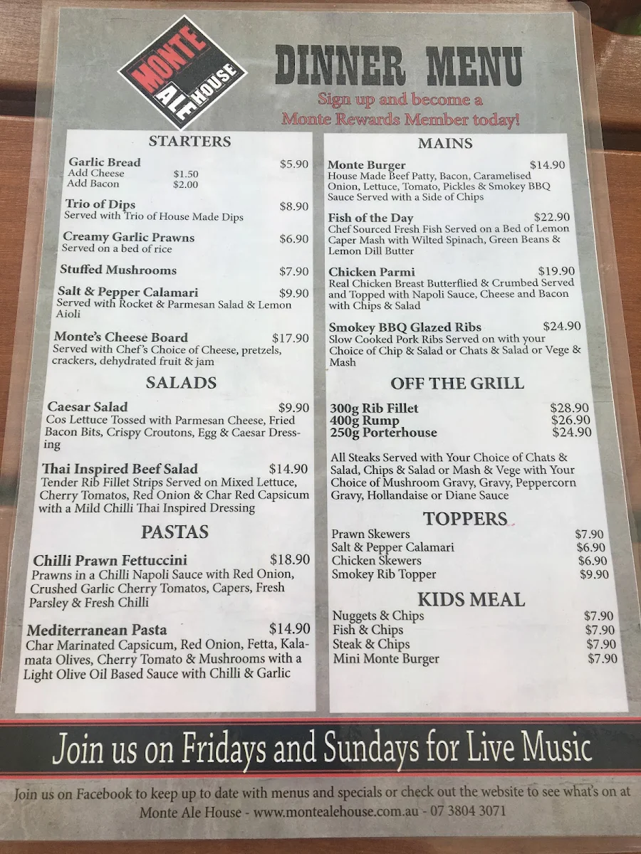 Menu, Monte Ale House and Drive Thru