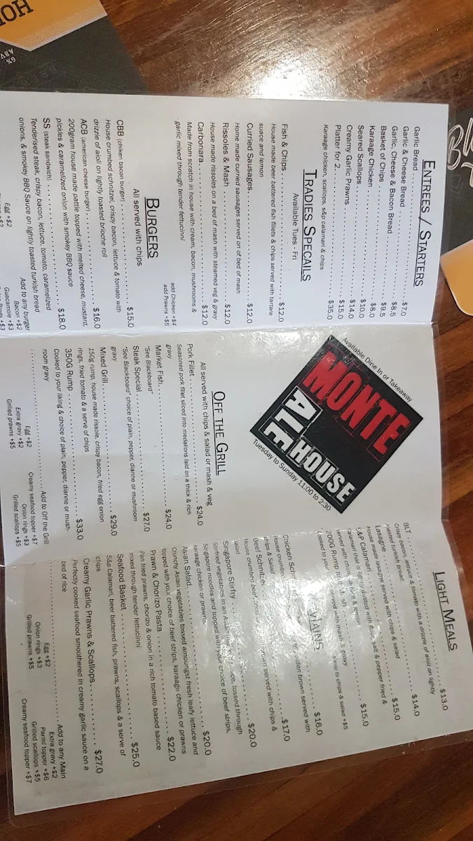 Menu, Monte Ale House and Drive Thru
