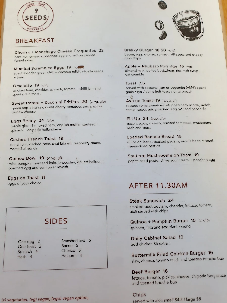 Menu, 9 Seeds