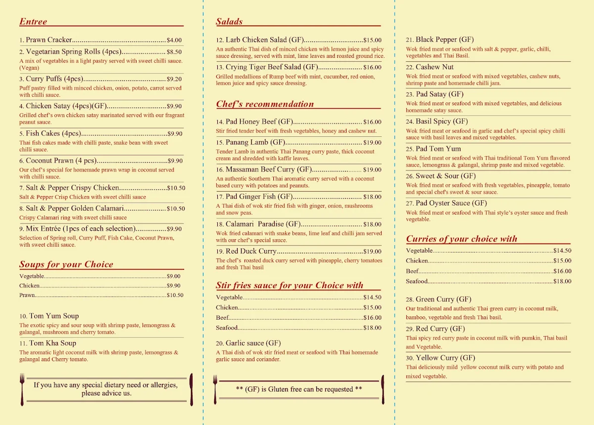 Menu, Little Thai Princess