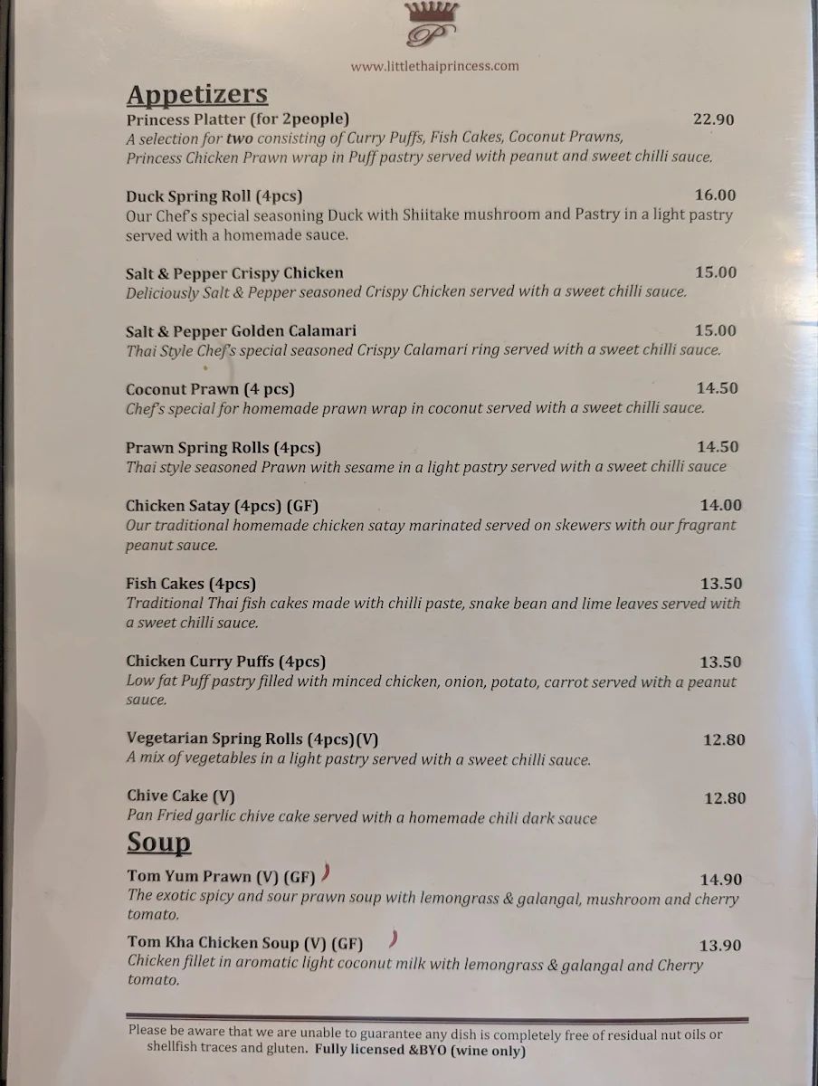 Menu, Little Thai Princess