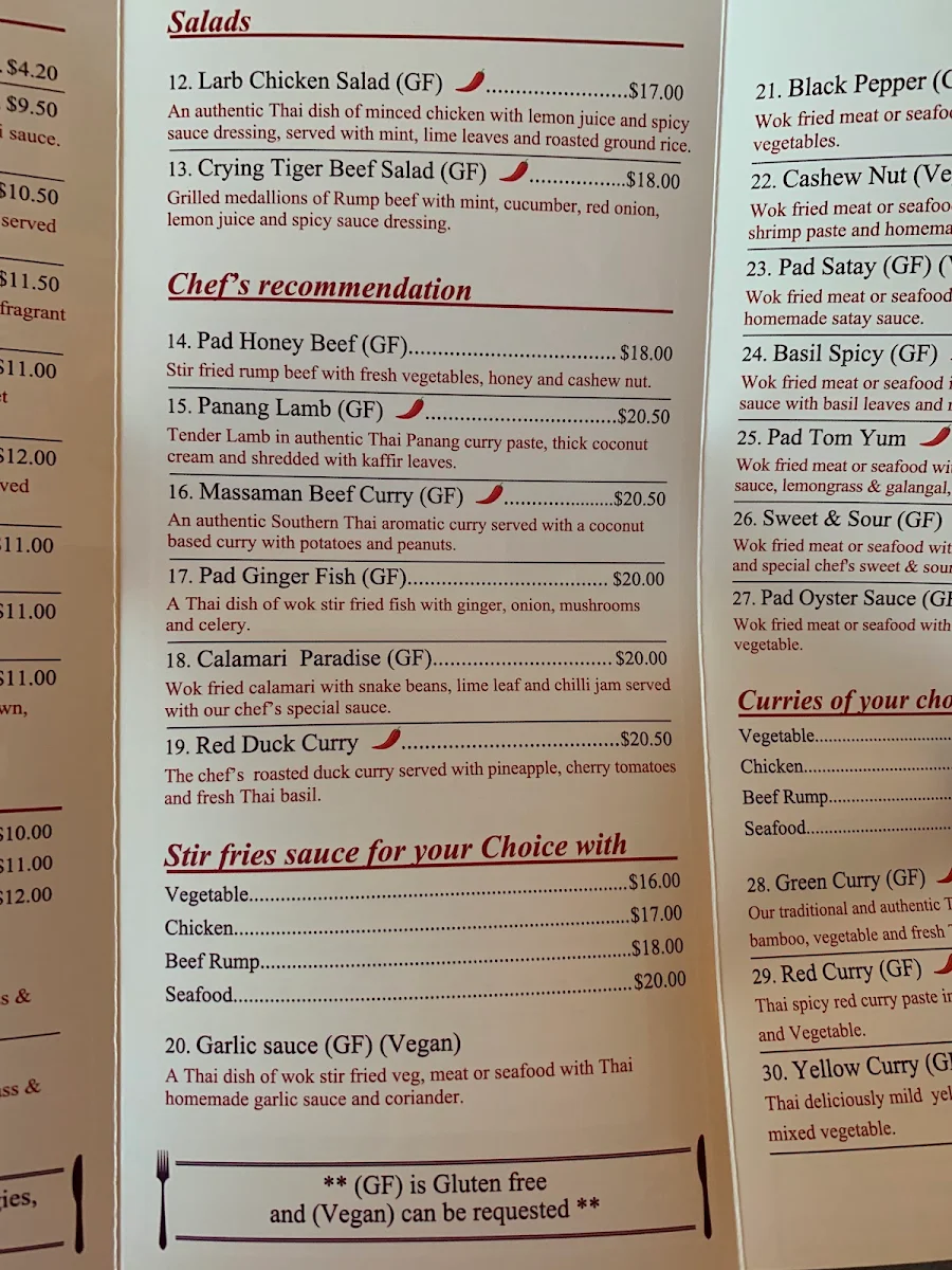 Menu, Little Thai Princess